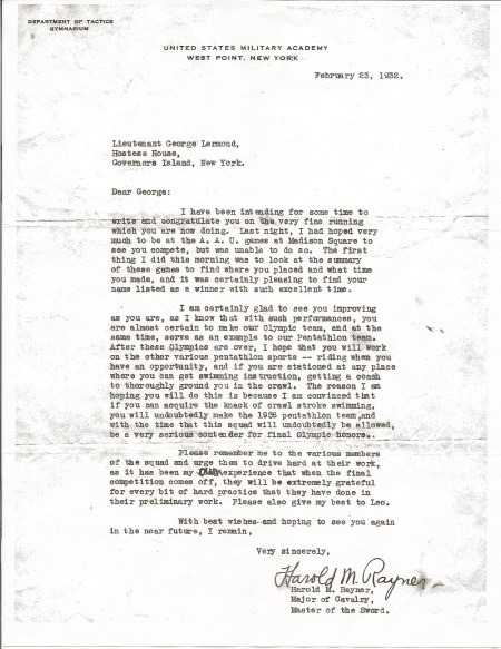 1932 Letter from Major Harold Rayner, Major of Cavalry and Master of the Sword